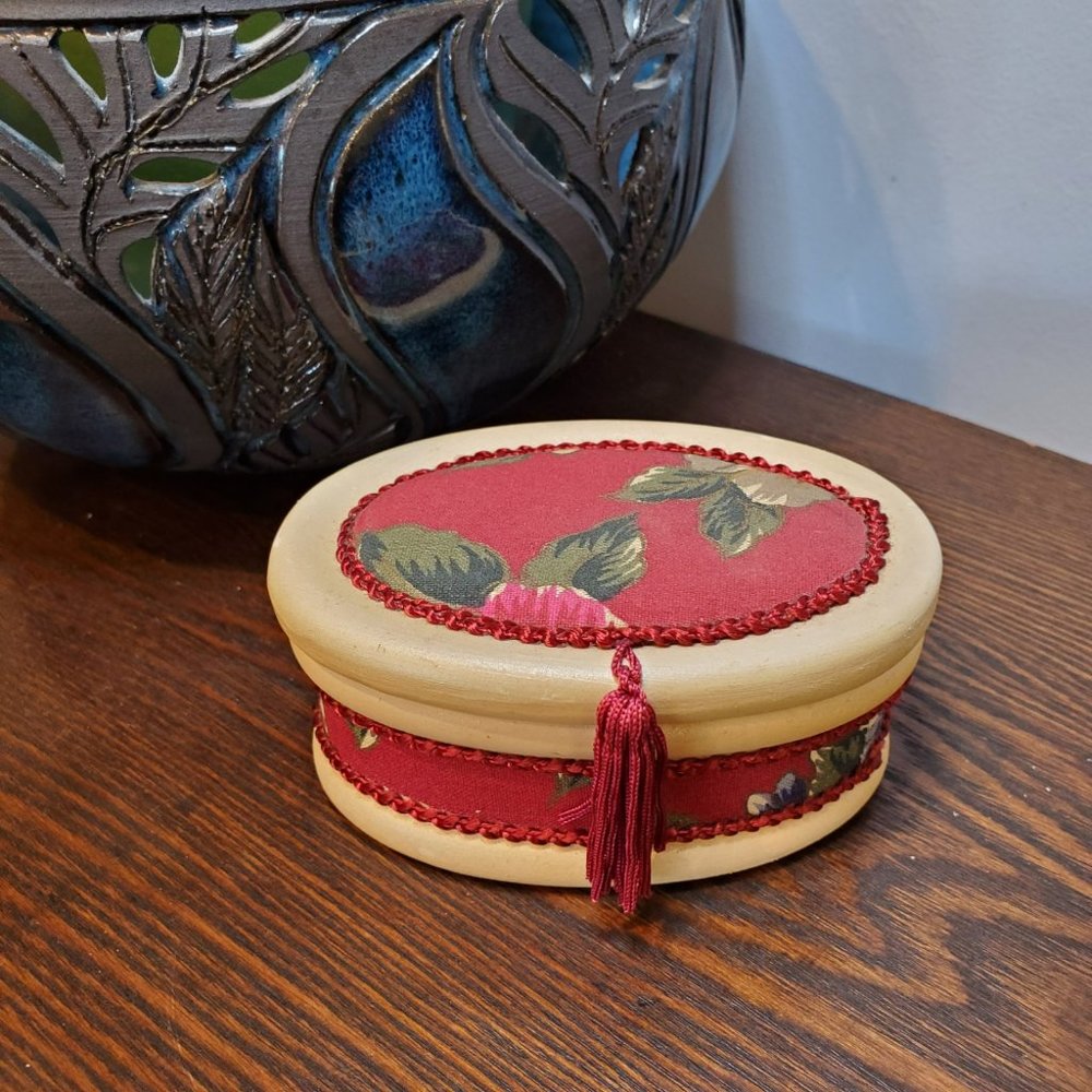 Red Fabric Trinket Jewelry Box Cream Ceramic Shabby Chic Tassel Floral
